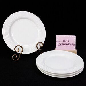 Food Network RIPPLE All White Embossed Rings Stoneware Lunch Salad Plates Set 4